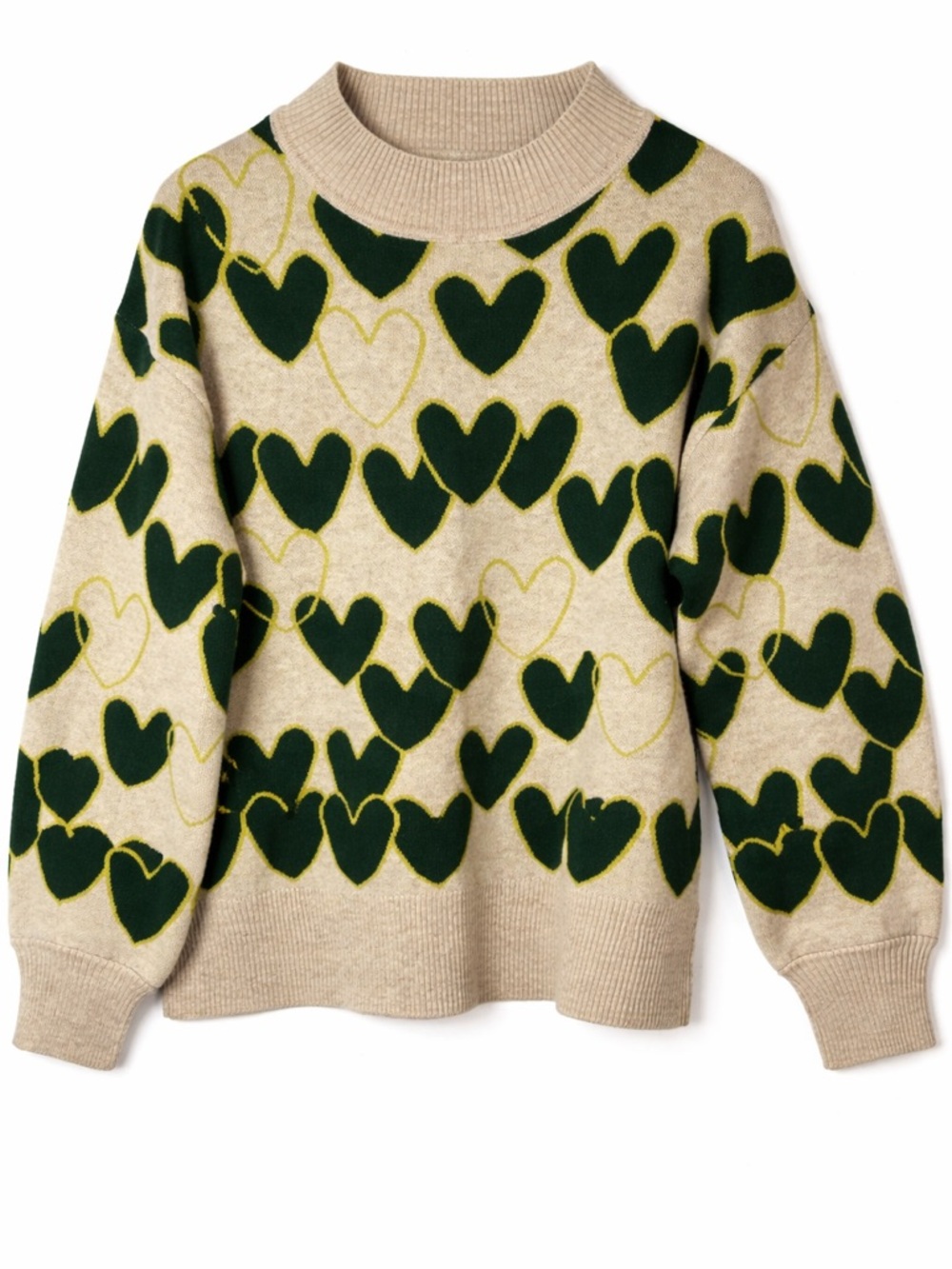 Beige & Dark Green Heart-Print Crewneck Sweater
